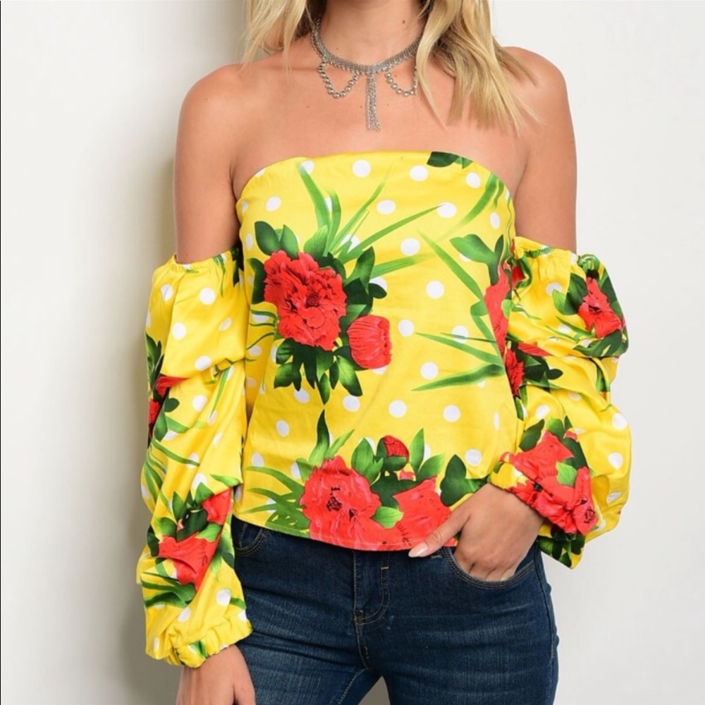 Yellow polka dot off the shoulder with sleeves with red flowers all over